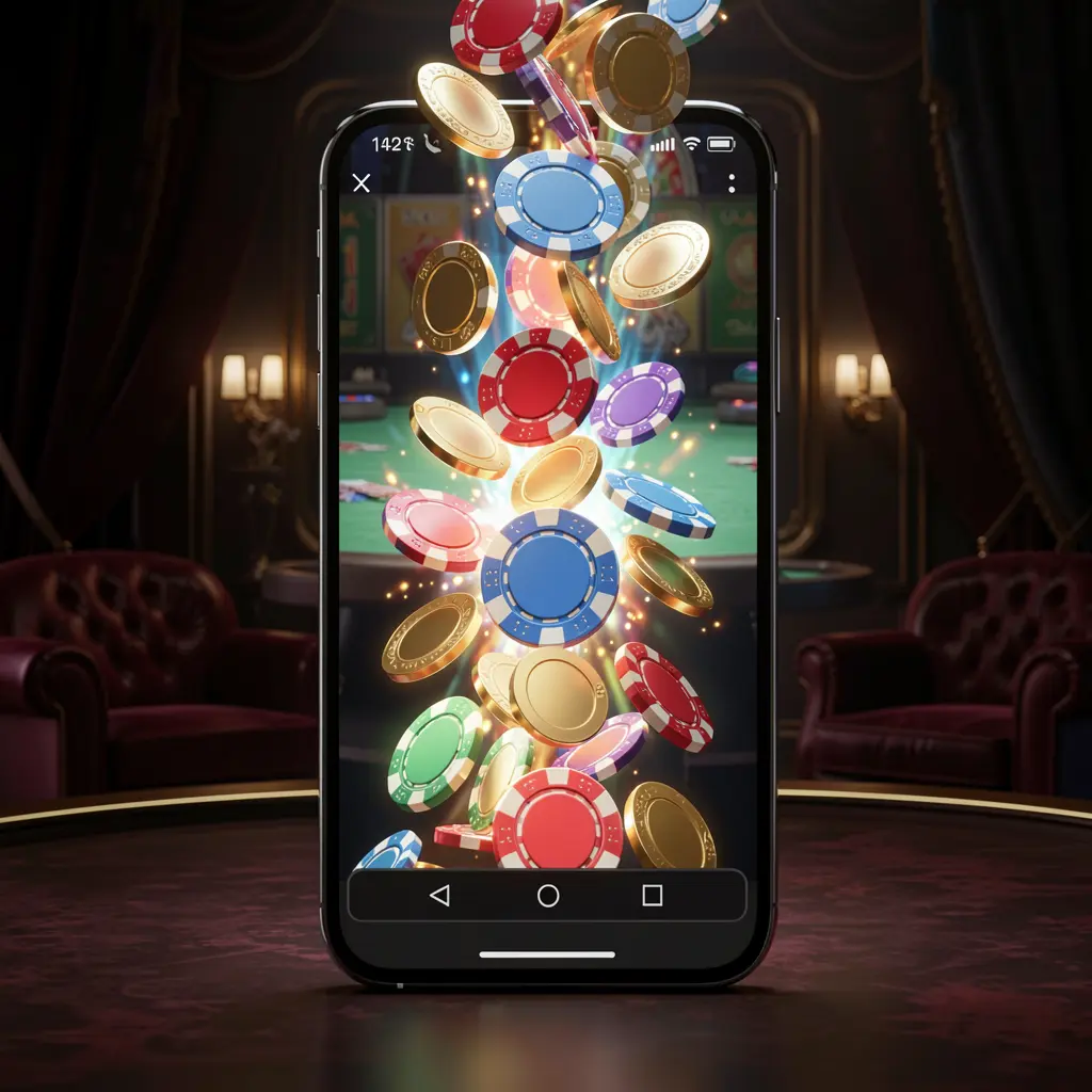 CPJILLI online gaming app displayed on a smartphone screen with glowing casino chips and coins emerging, set against a luxury dark background with cinematic lighting in a high detail 3D render