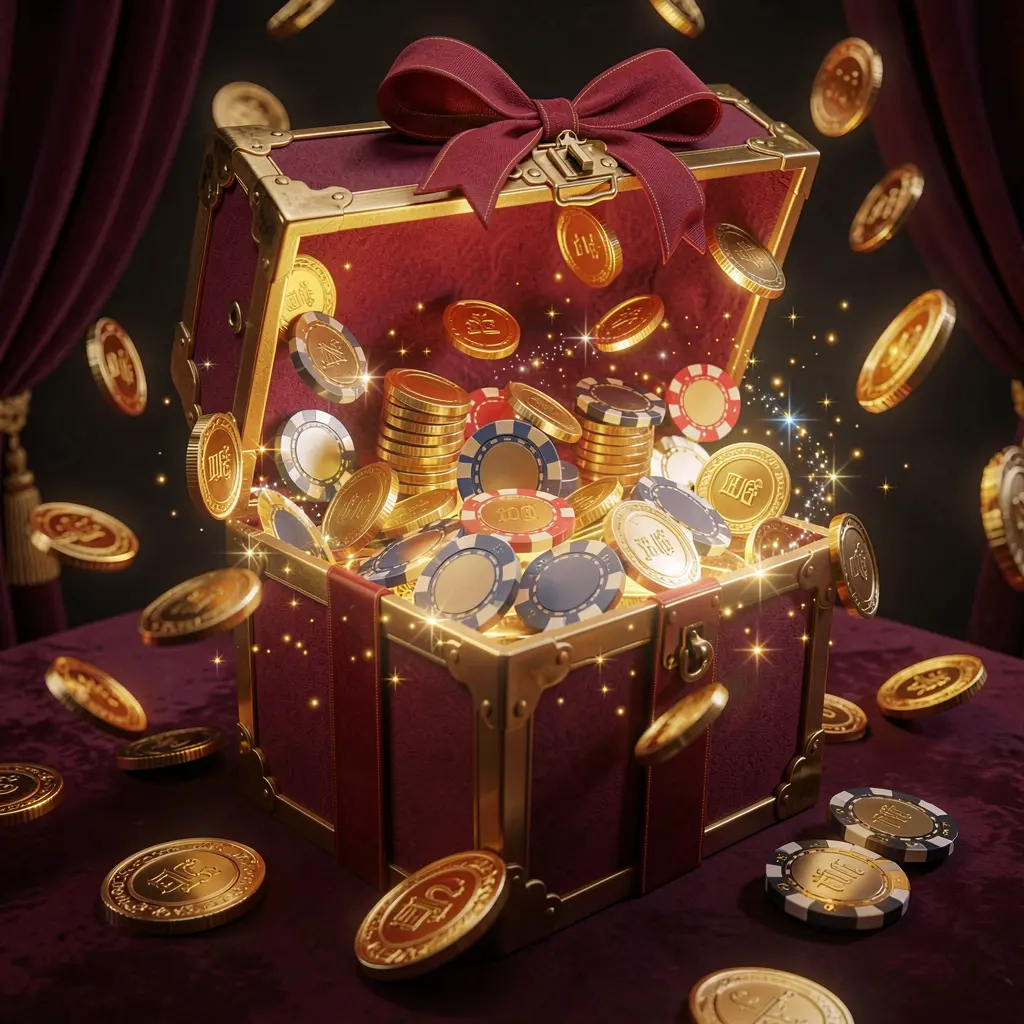 CPJILLI no deposit casino bonus concept with a glowing gift box filled with free casino chips and golden coins, surrounded by magical sparkle effects on a luxury dark background creating an exciting reward atmosphere