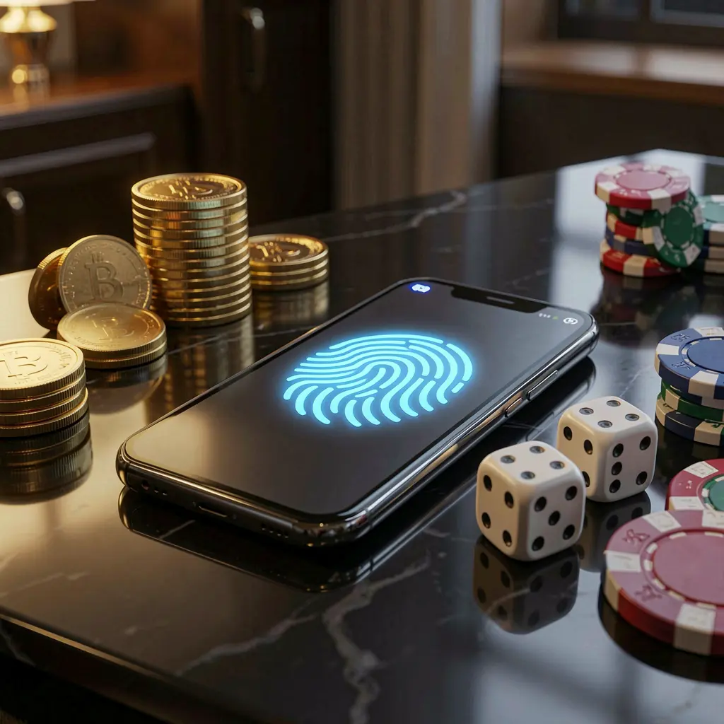 CPJILLI online gaming account access scene featuring a smartphone with a glowing fingerprint icon, golden coins, dice, and poker chips on a glossy table under cinematic lighting