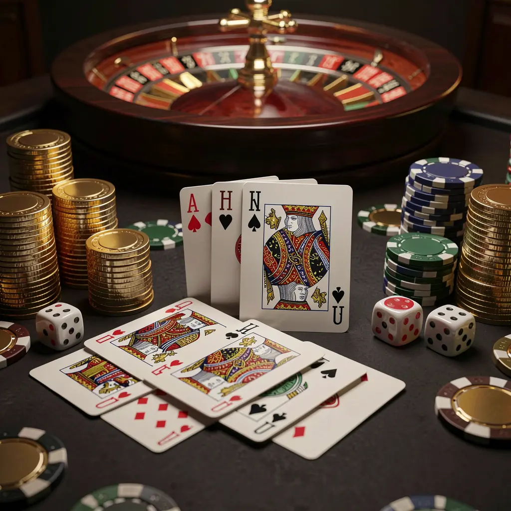 CPJILLI elegant online casino homepage featuring royal flush cards, dice, golden coins, poker chips on a dark table with a glowing roulette wheel in the background in a cinematic 3D render